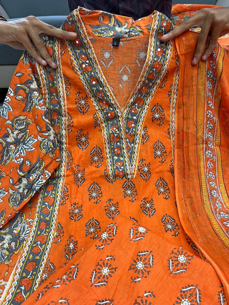 Printed Cotton A-Line Kurti Set – V-Neck – Sequin Handwork