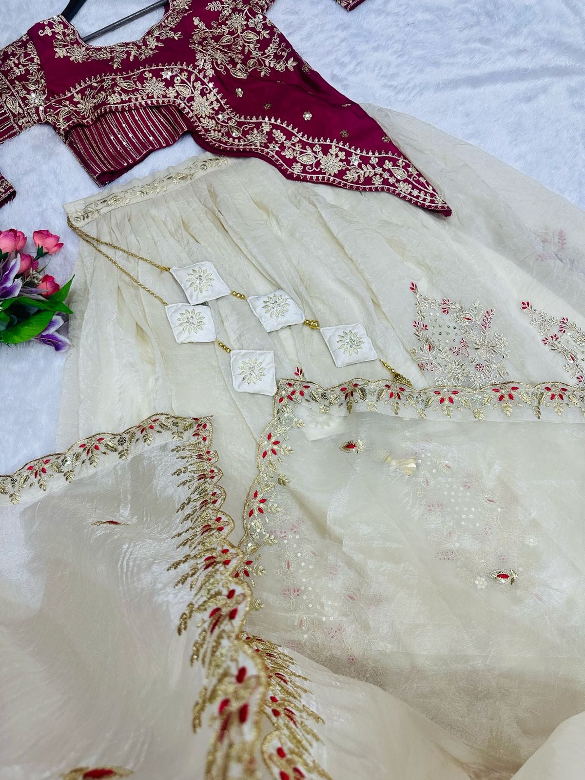 Embroidered Gold Crush Crop Top Lehenga Set – Sequence Work