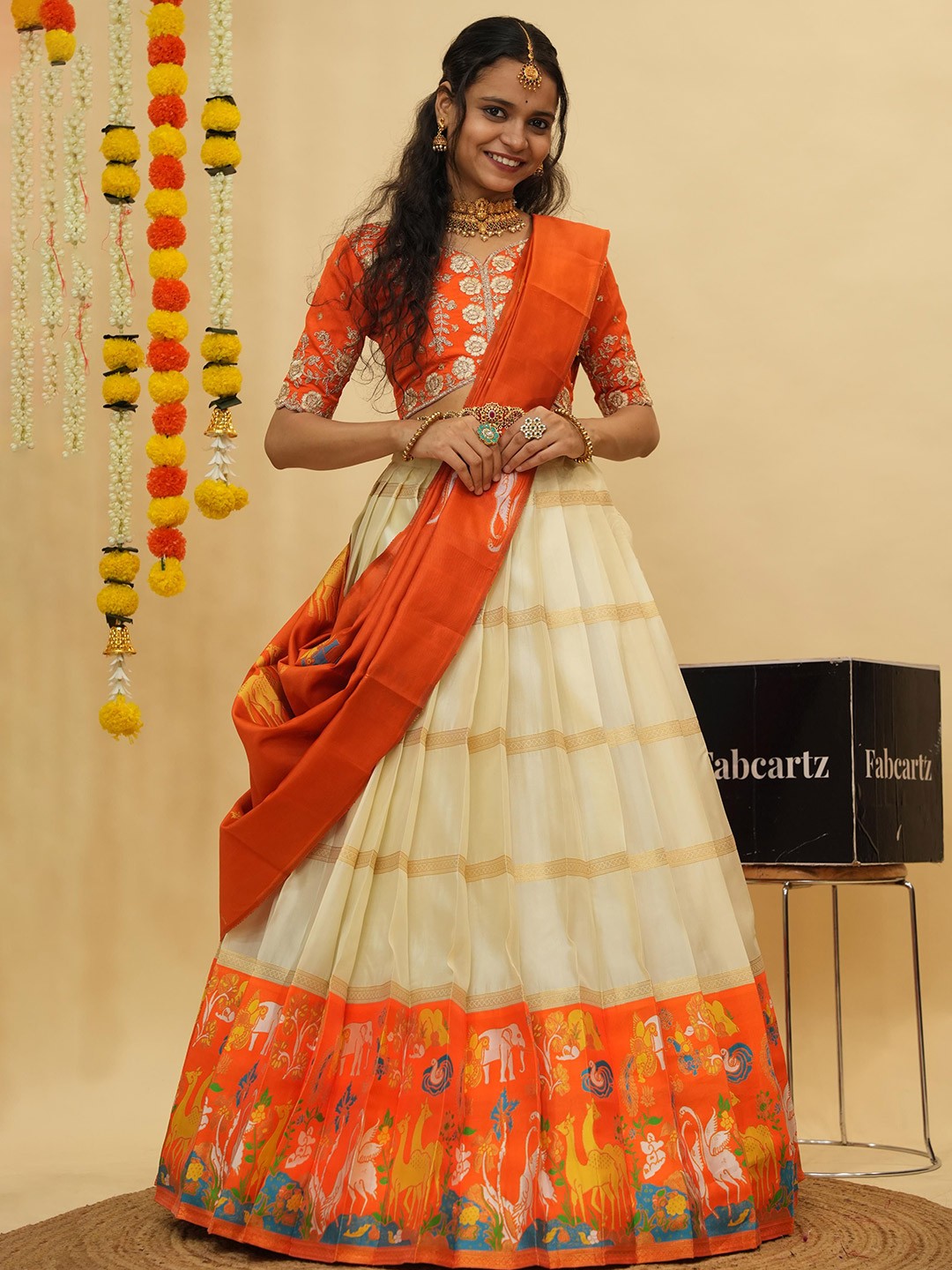 Orange & Gold Zari Lehenga – Semi-Stitched – With Dupatta & Unstitched Blouse